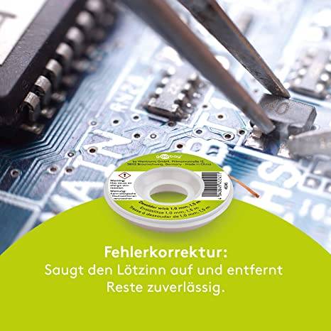 Goobay 45246 Entlötlitze 2.00 mm, reines Kupfer, Entlötdraht zur Entfernung von Lötzinn an Lötstellen, 1.5 m Spule
