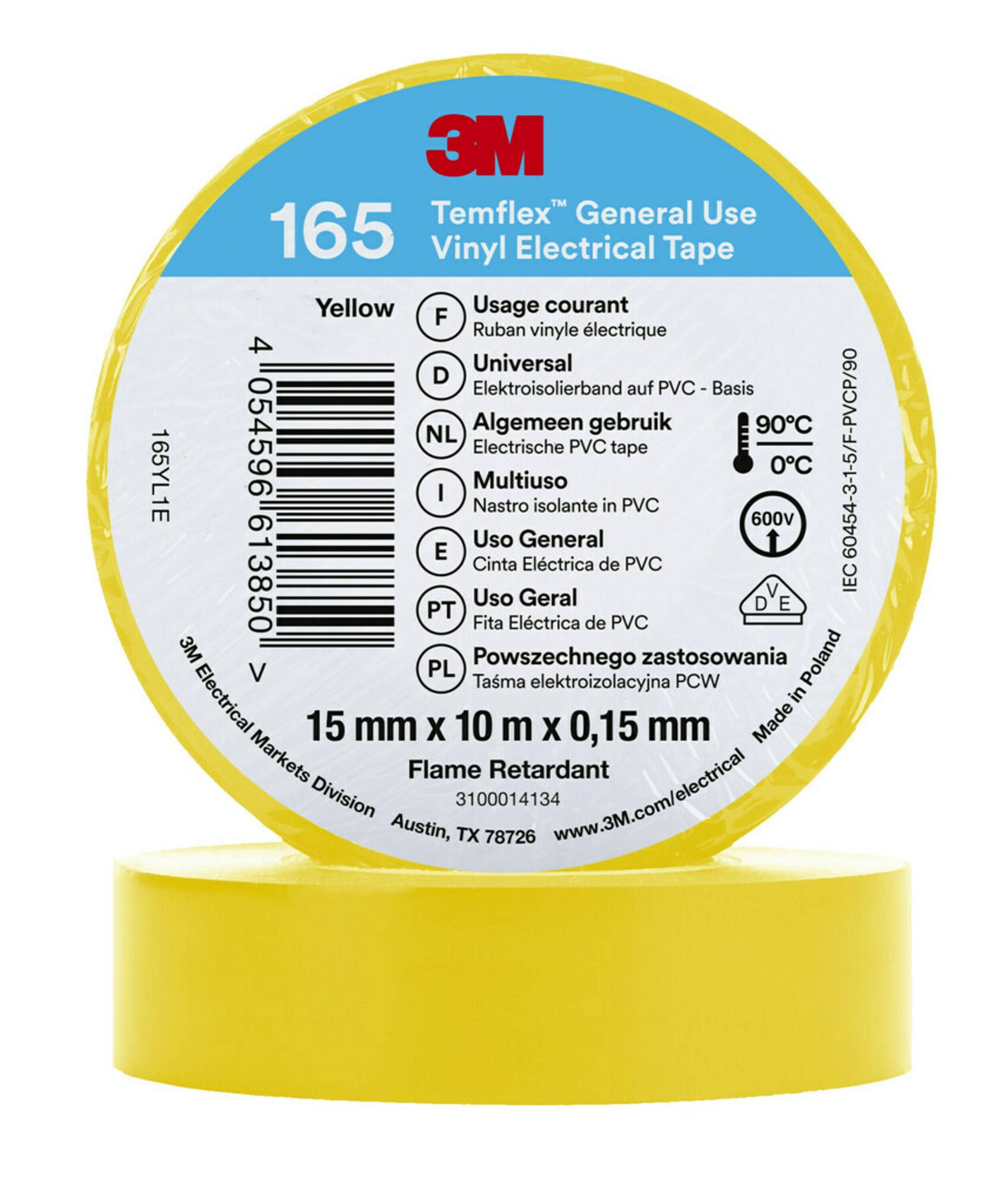 3M Temflex 165 Isolierband, Vinyl Gelb, 0.152mm x 15mm x 10m
