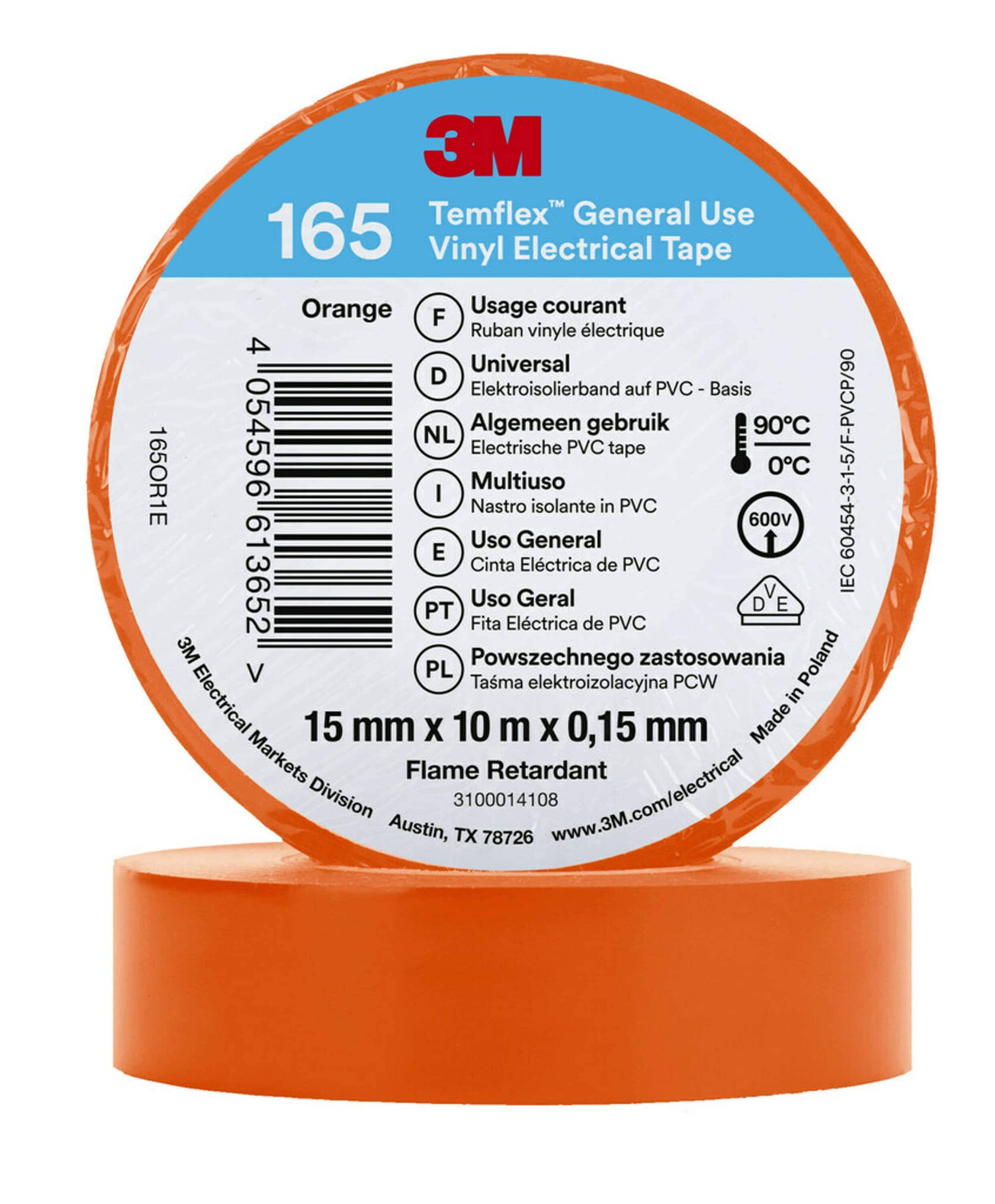 3M Temflex 165 Isolierband, Vinyl Orange, 0.152mm x 15mm x 10m bis +90°C