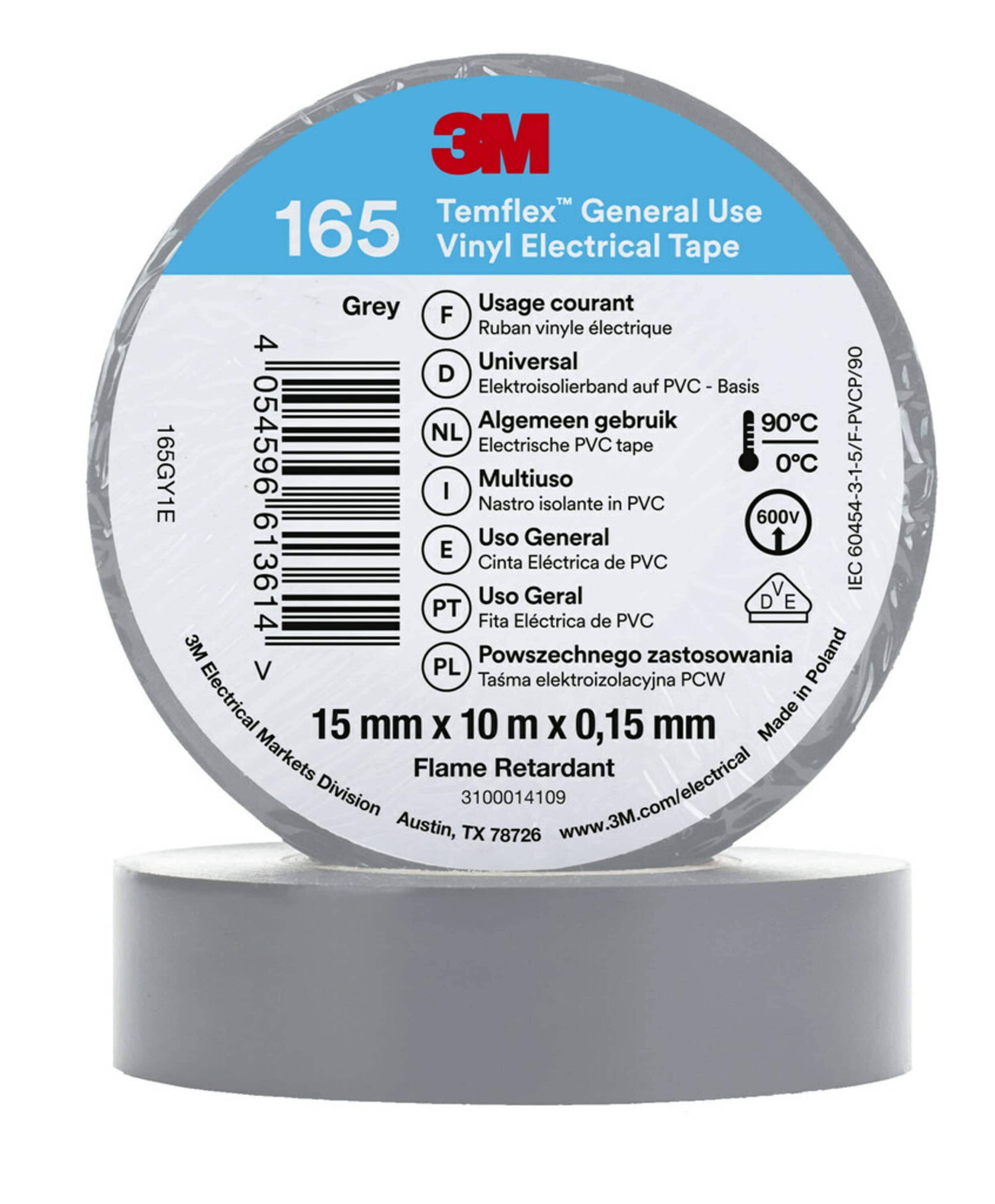 3M Temflex Isolierband, Vinyl Grau, 0.152mm x 15mm x 10m bis +90°C