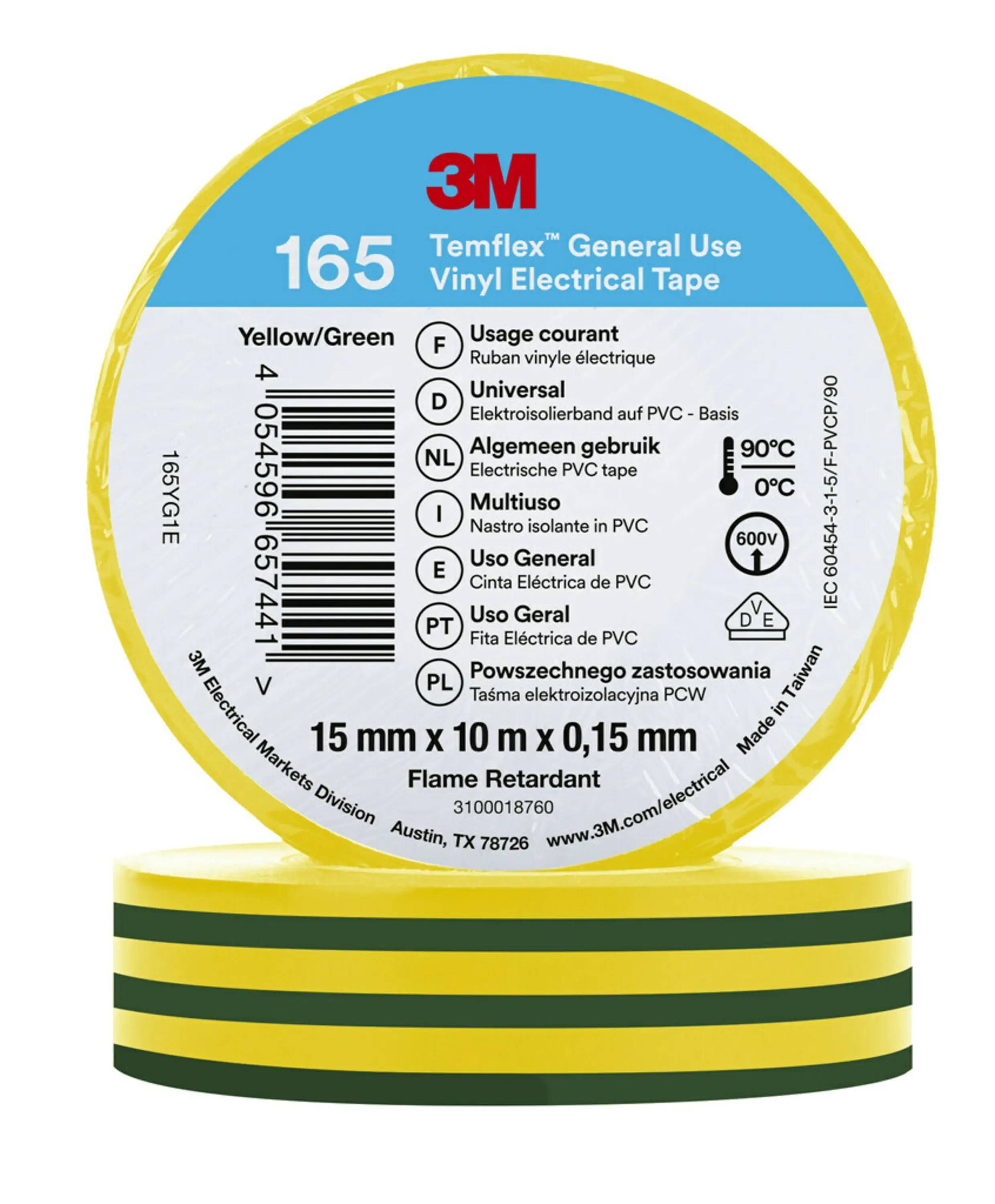 3M Temflex 165 Isolierband, Vinyl Grün, Gelb, 0.152mm x 15mm x 10m