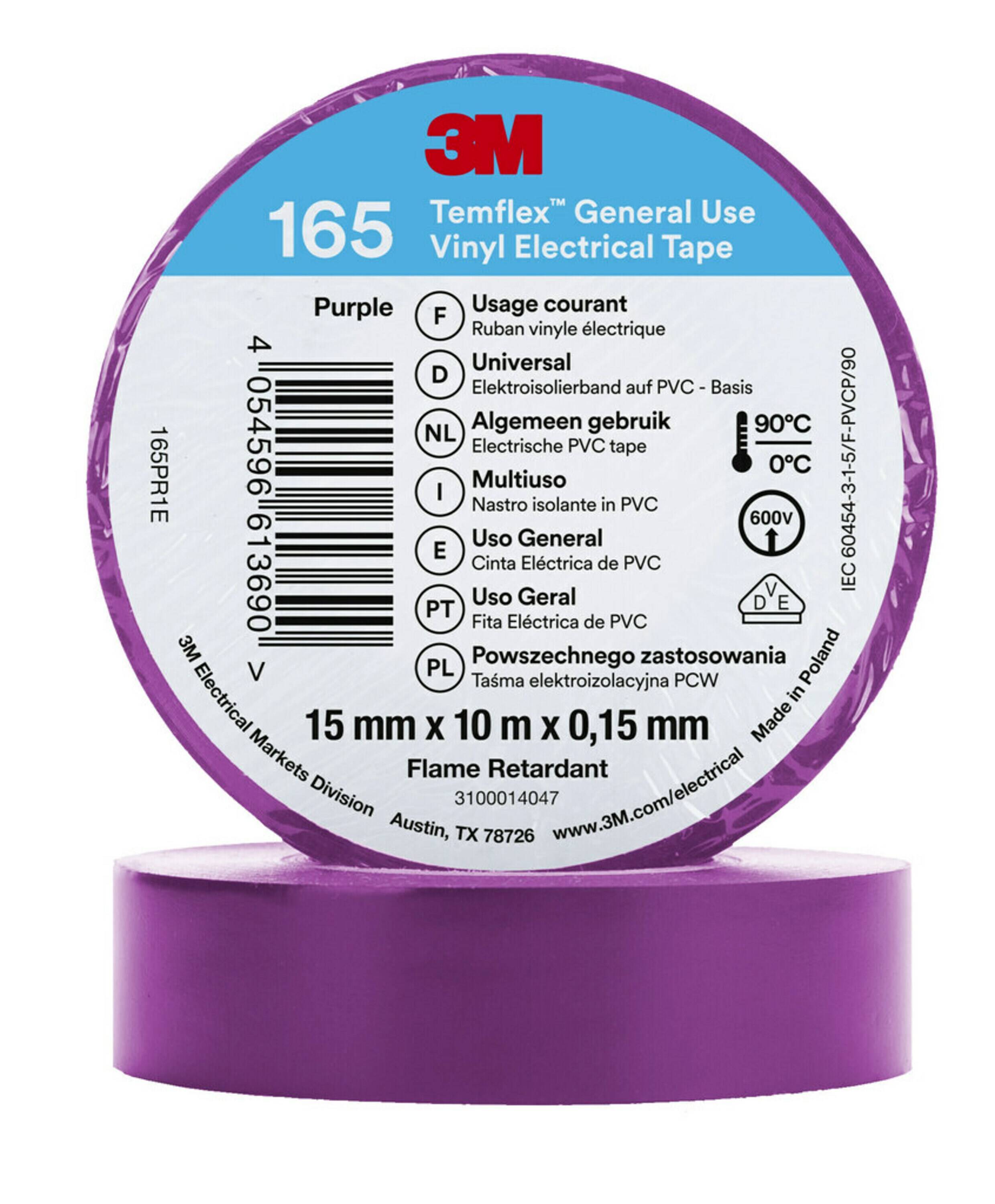 3M Temflex 165 Isolierband, Vinyl Lila, 0.152mm x 15mm x 10m