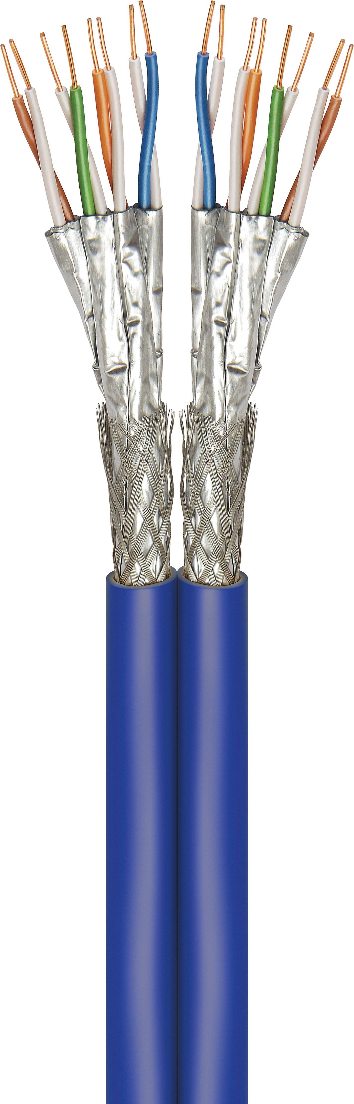 CAT 7A+ Duplex-Netzwerkkabel, S/FTP (PiMF), Blau, 100 m - CU, AWG 22/1 (solid), LSZH
