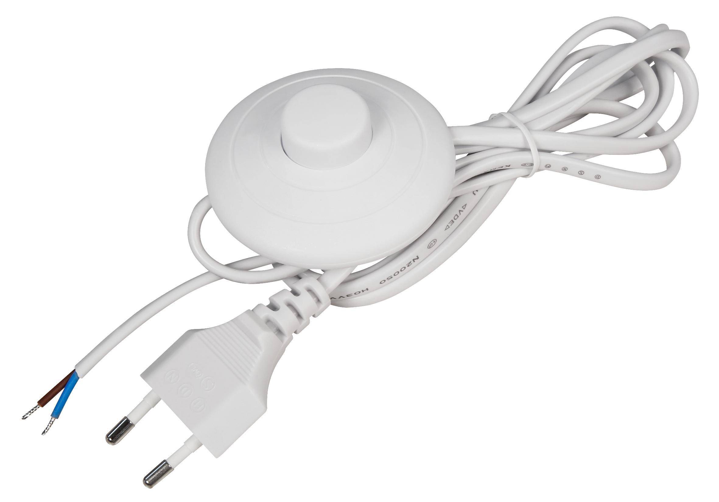 Euro Netzkabel mit Fußschalter, abisolierte Kabelenden mit Aderendhülsen, 2,0m, weiß