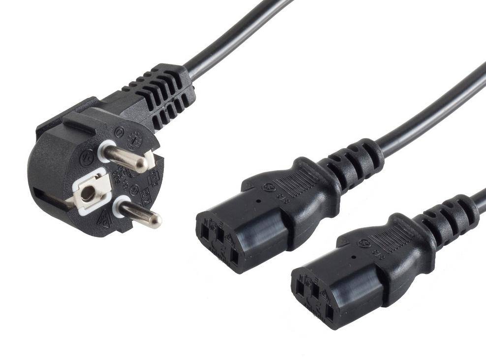 Kaltgeräte Y-Netzkabel, Schutzkontakt-Stecker abgewinkelt  2x IEC320-C13 Buchse schwarz 1,80m