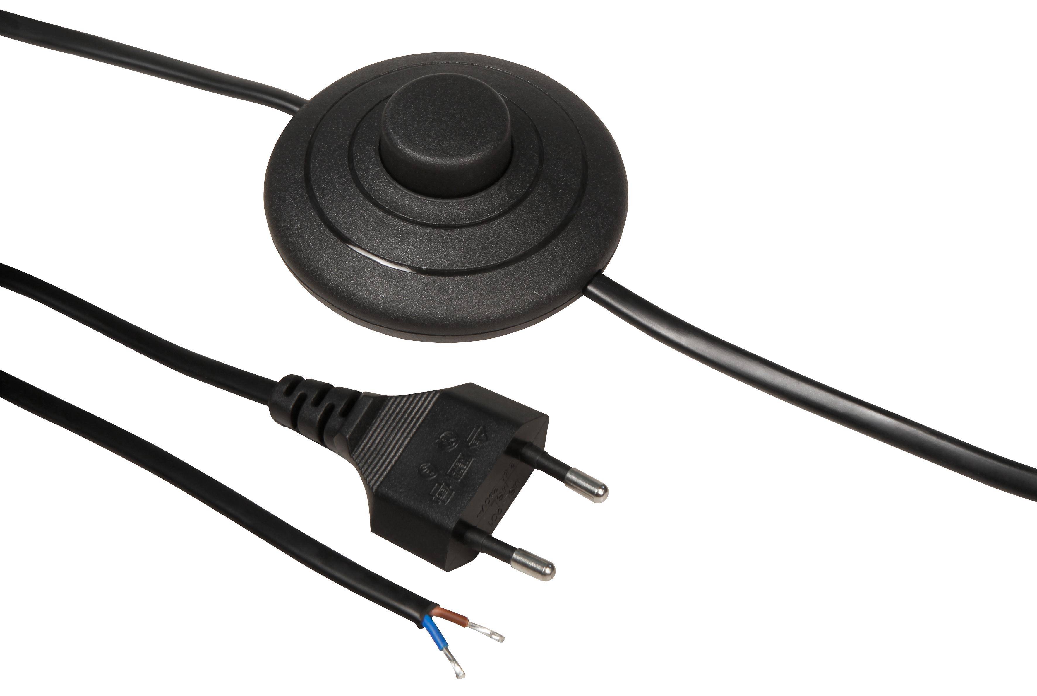 Euro Netzkabel mit Fußschalter, abisolierte Kabelenden mit Aderendhülsen, 2,0m, schwarz