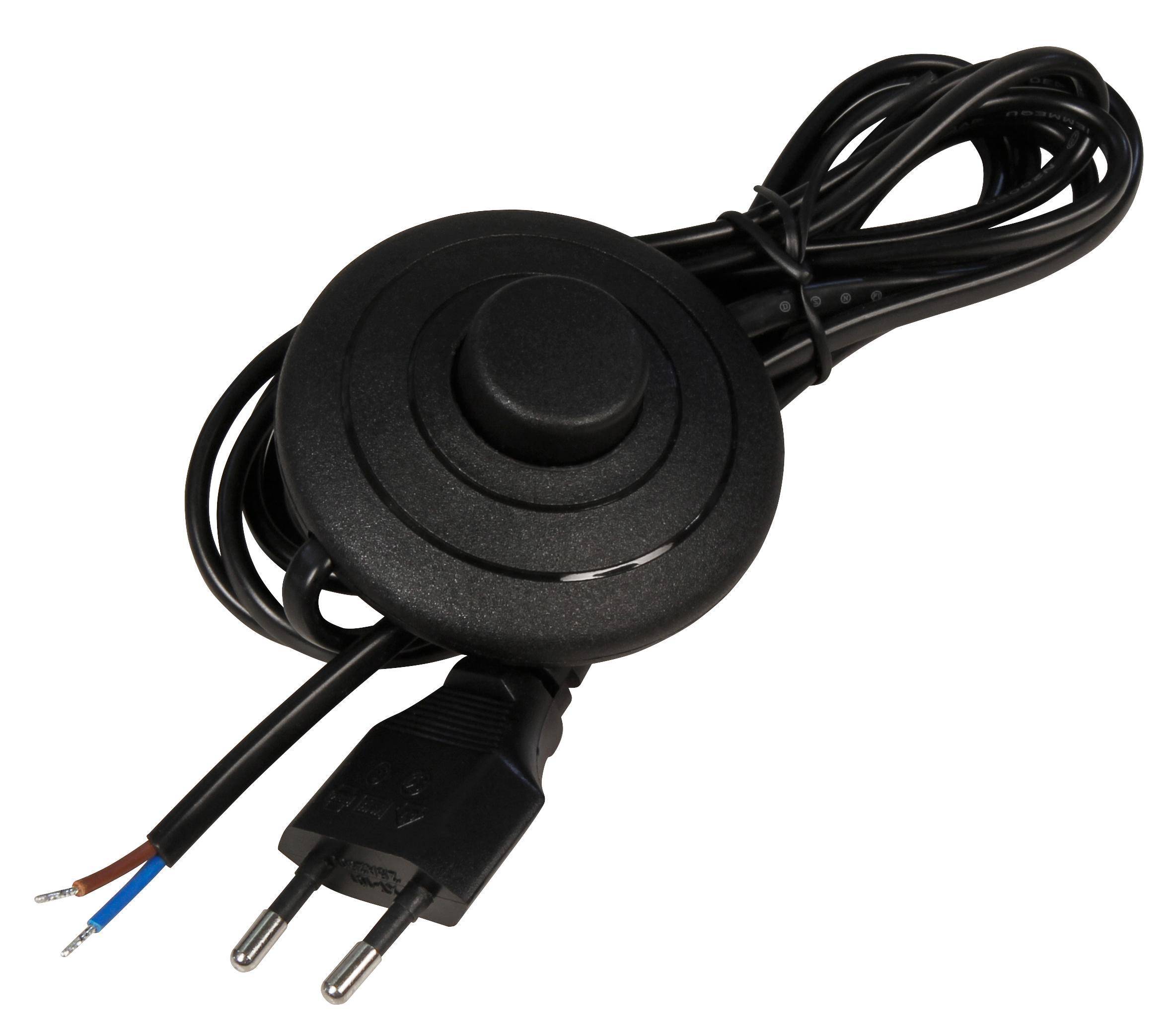 Euro Netzkabel mit Fußschalter, abisolierte Kabelenden mit Aderendhülsen, 2,0m, schwarz