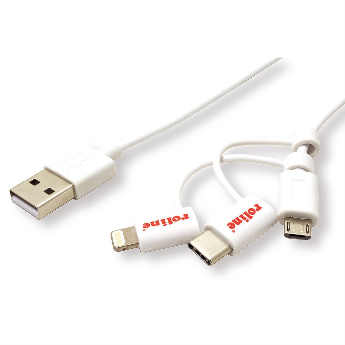 ROLINE USB 2.0 Sync- & Ladekabel Typ A - Typ C / 8-Pin / USB MicroB, weiß, 1 m