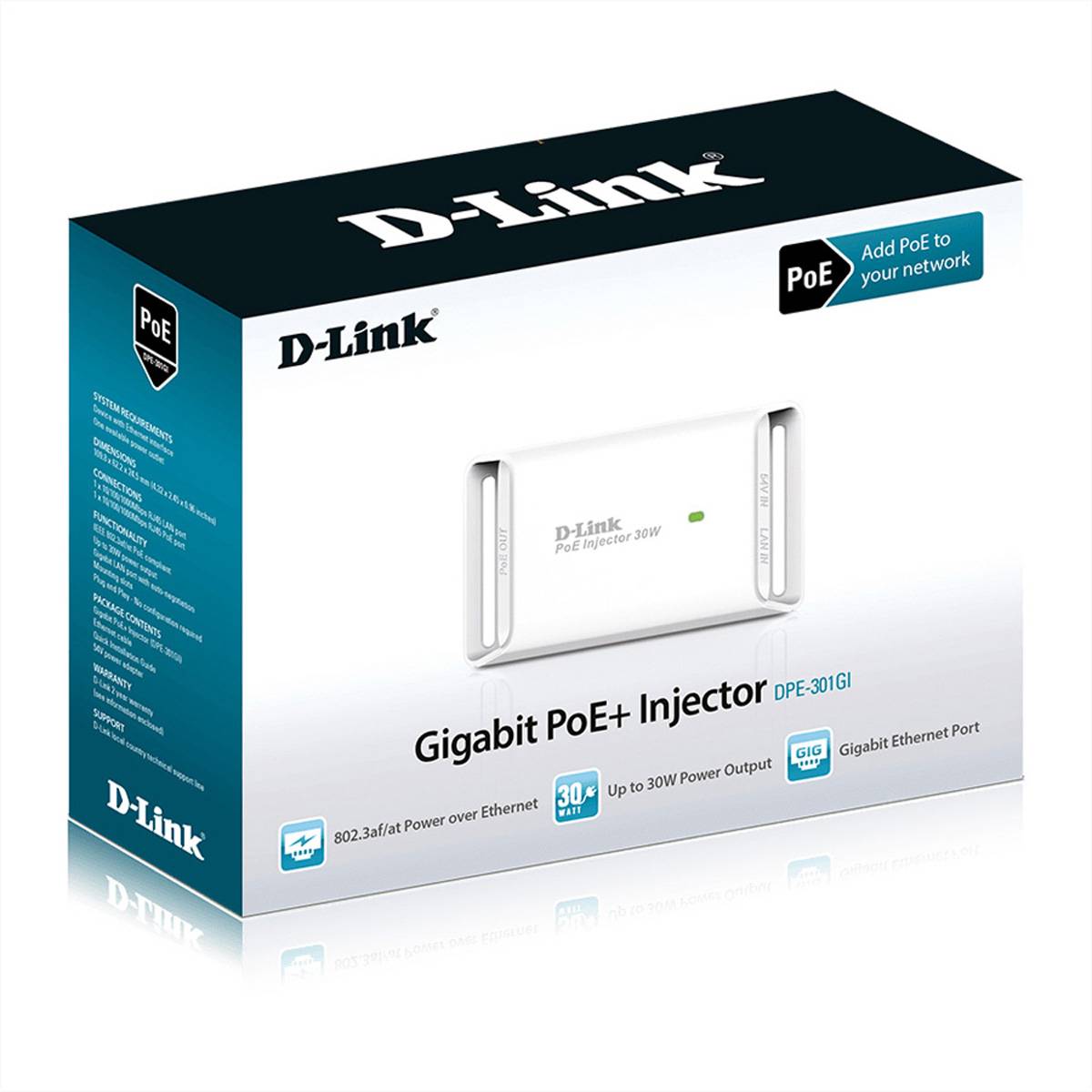 D-Link D-LINK 1-Port Gigabit 30W PoE Injector PoE Injektor 1 GBit/s IEEE 802.3af (12.95 W), IEEE 802.3at (25.5 W)