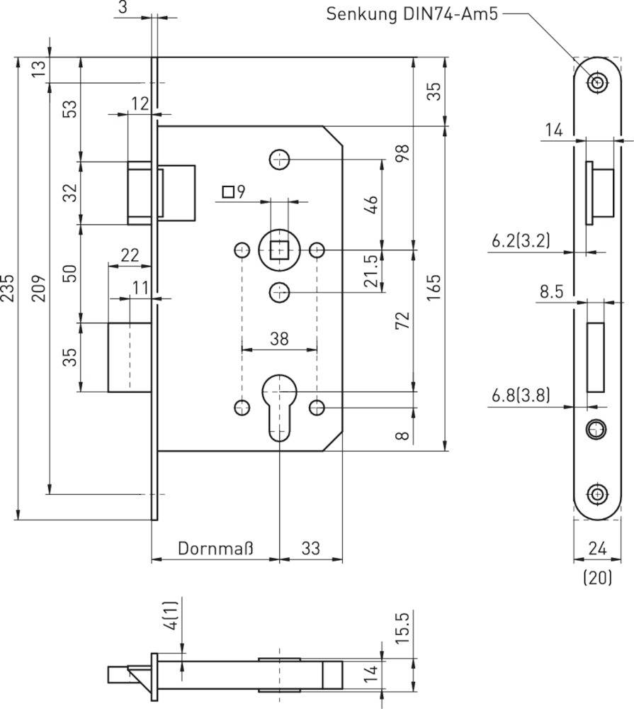 BEYER MÜLLER FH-Türschloß 1000 PZW 65/72/9 F24 Rechts