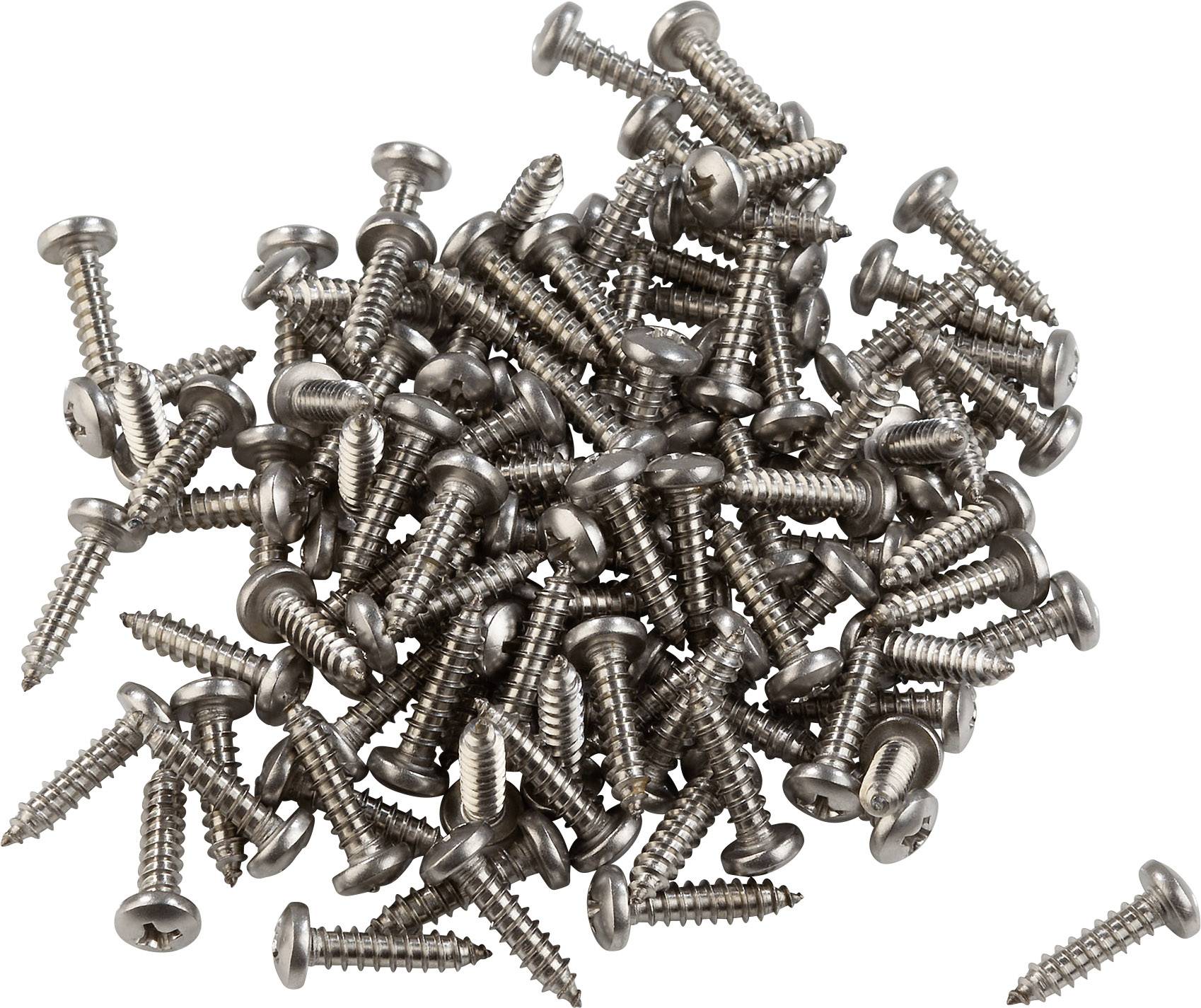 Ein Haufen silberner Metallschrauben in verschiedenen Winkeln verteilt.