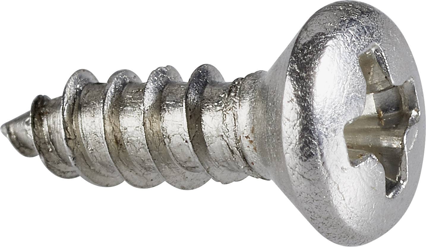 Ein silberfarbener Metallschraube mit Kreuzschlitzkopf, geeignet für Holz- oder Blechverbindungen. Klarer Glanz auf der Oberfläche.