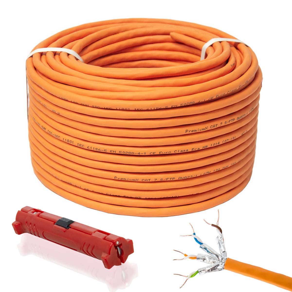 PremiumX 50m CAT 7 Netzwerkkabel Simplex LAN-Kabel Ethernet Datenkabel S/FTP PiMF Eca Cat7 Cat.7 inkl. Entmanteler