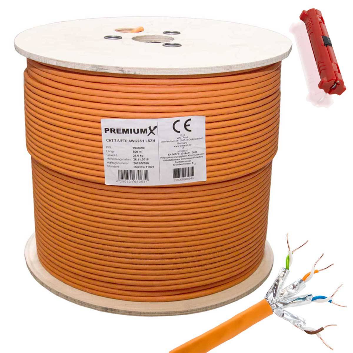 PremiumX 500 meter CAT 7 Netzwerkkabel Simplex LAN-Kabel Ethernet S/FTP PiMF Eca Cat7 Verlegekabel Cat.7 Entmanteler