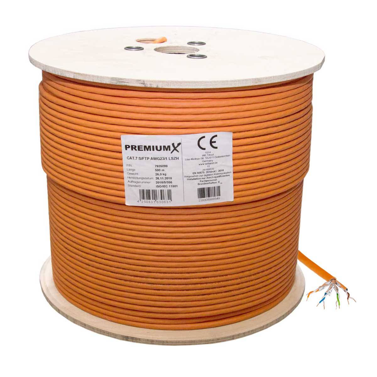 PremiumX 500 meter CAT 7 Netzwerkkabel Simplex LAN-Kabel Ethernet S/FTP PiMF Eca Cat7 Verlegekabel Cat.7 Entmanteler