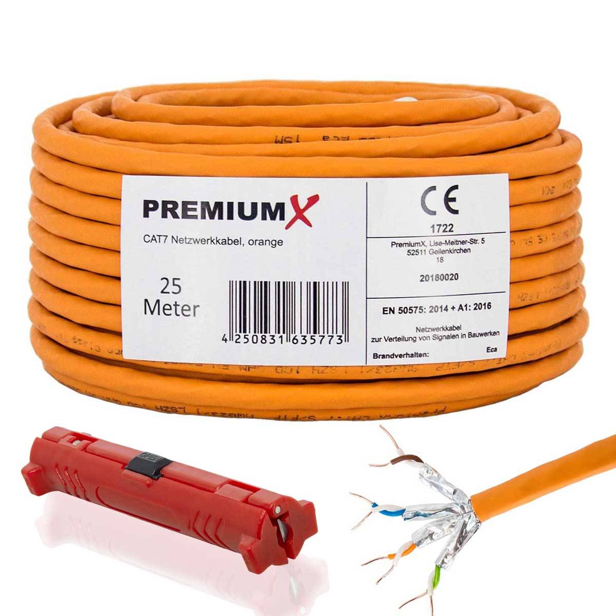 PremiumX 25m CAT 7 Netzwerkkabel Simplex LAN-Kabel Ethernet Datenkabel S/FTP PiMF Eca Cat7 Cat.7 inkl. Entmanteler