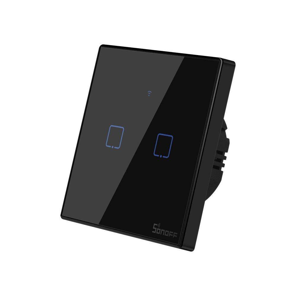 Sonoff T3EU2C-TX Smart Wall Switch, 2-Kanal Wand-Schaltaktor, schwarz, mit Rahmen, WiFi + 433MHz