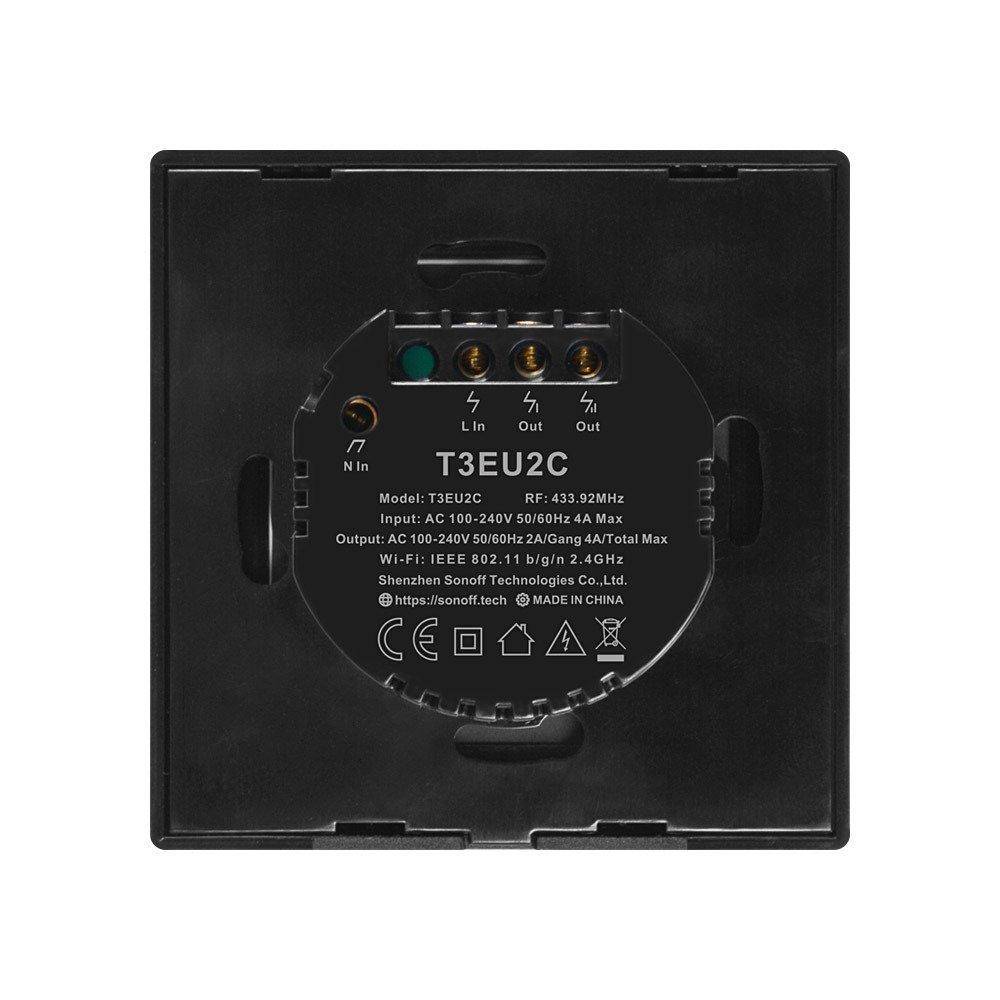 Sonoff T3EU2C-TX Smart Wall Switch, 2-Kanal Wand-Schaltaktor, schwarz, mit Rahmen, WiFi + 433MHz