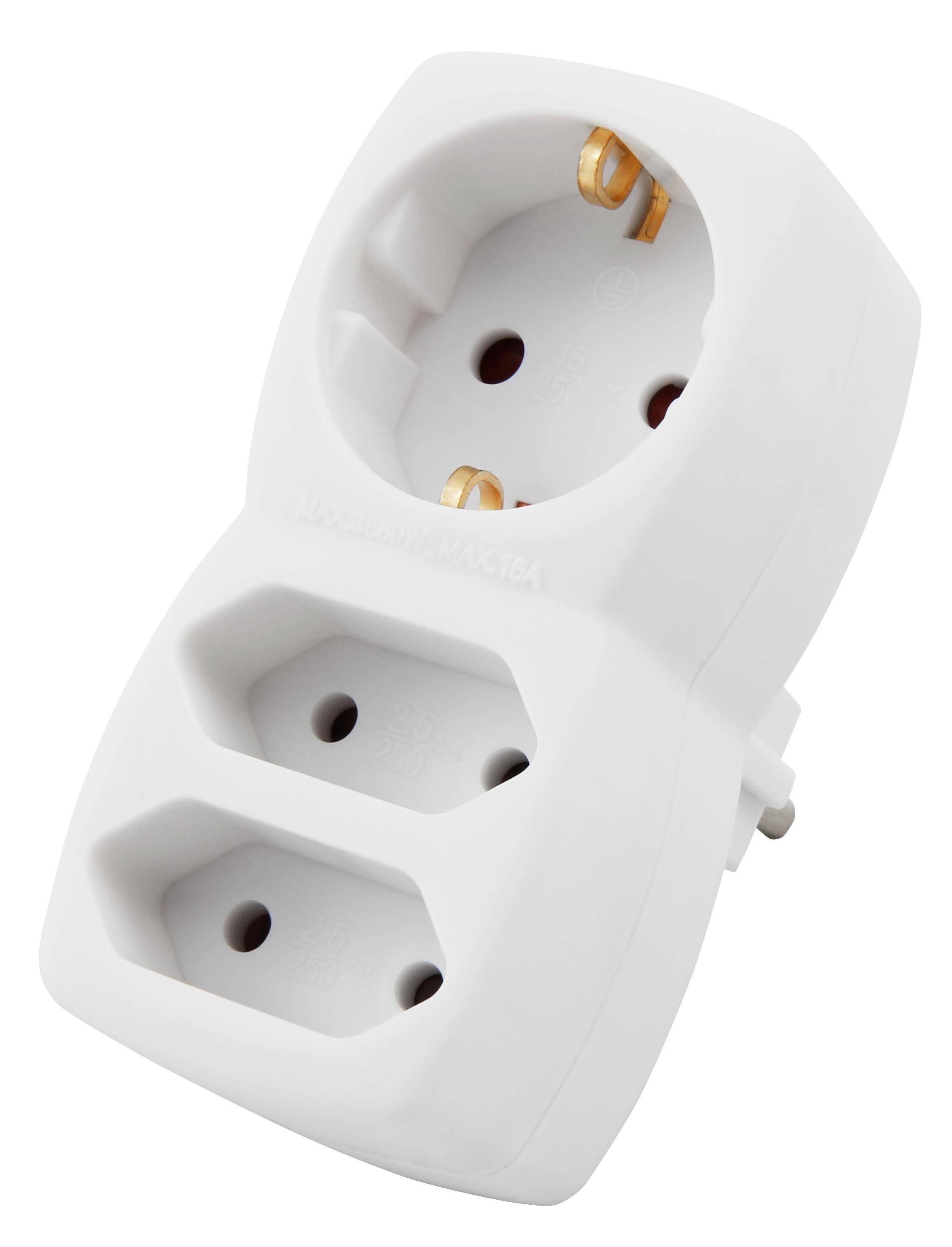 Steckdosenadapter, 1x Schutzkontakt 2x Euro, weiß