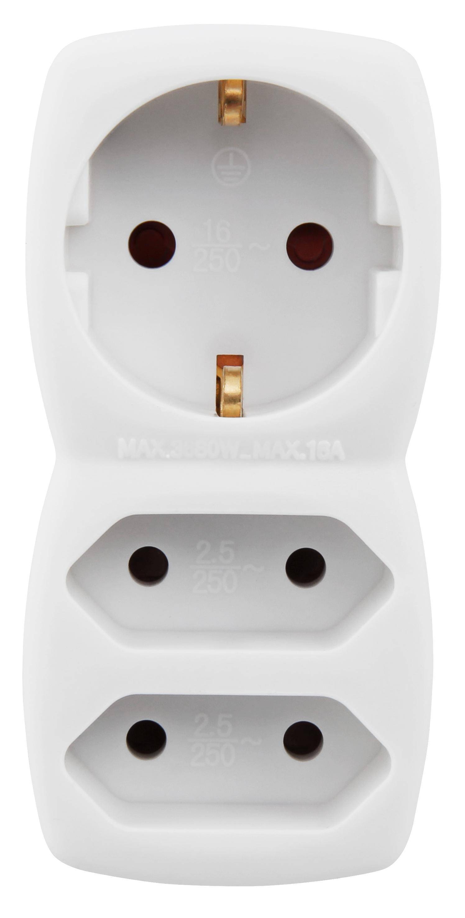 Steckdosenadapter, 1x Schutzkontakt 2x Euro, weiß