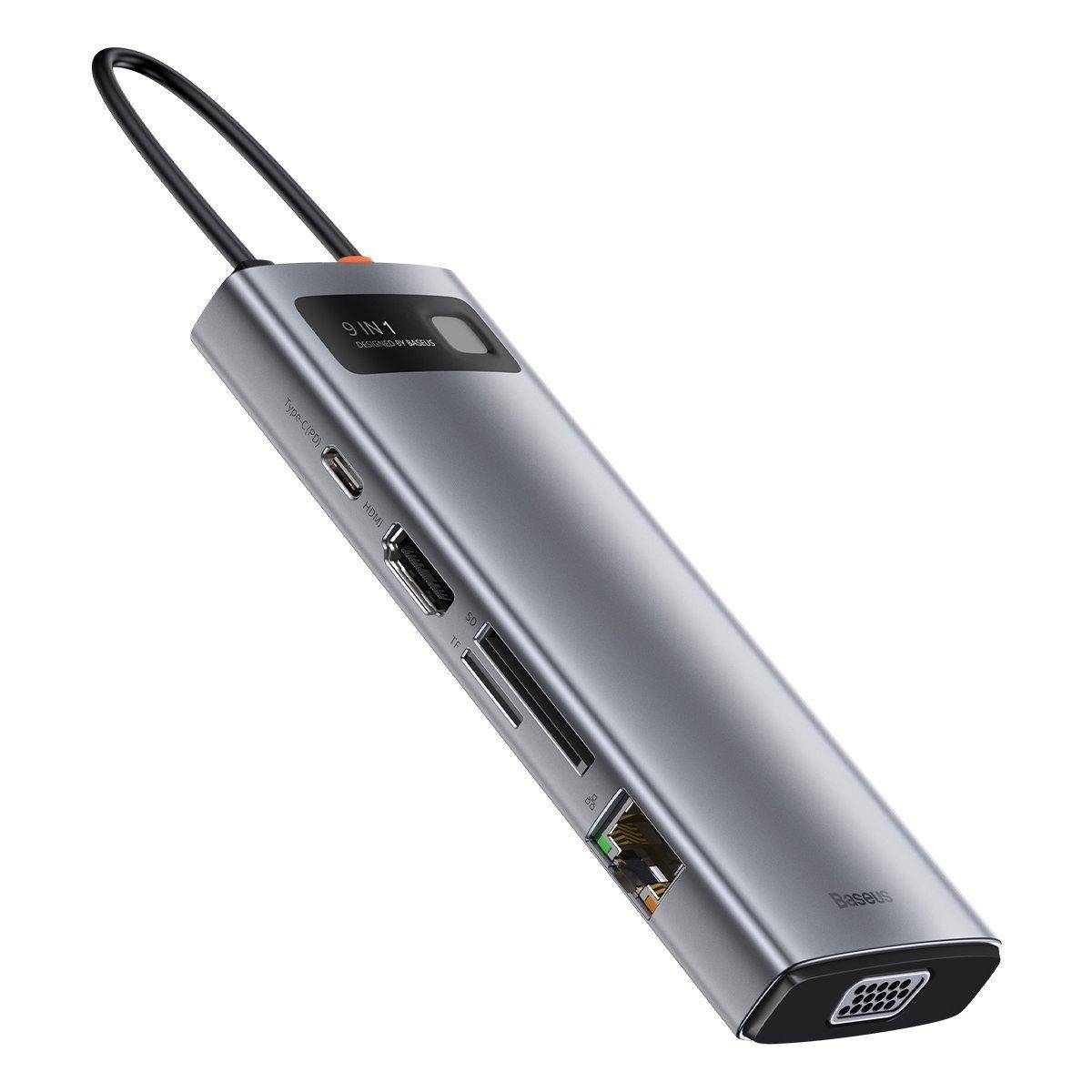 Hub 9in1 Baseus Metal Gleam Series, USB-C 3x USB 3.0 + HDMI PD Ethernet RJ45 microSD/SD VGA