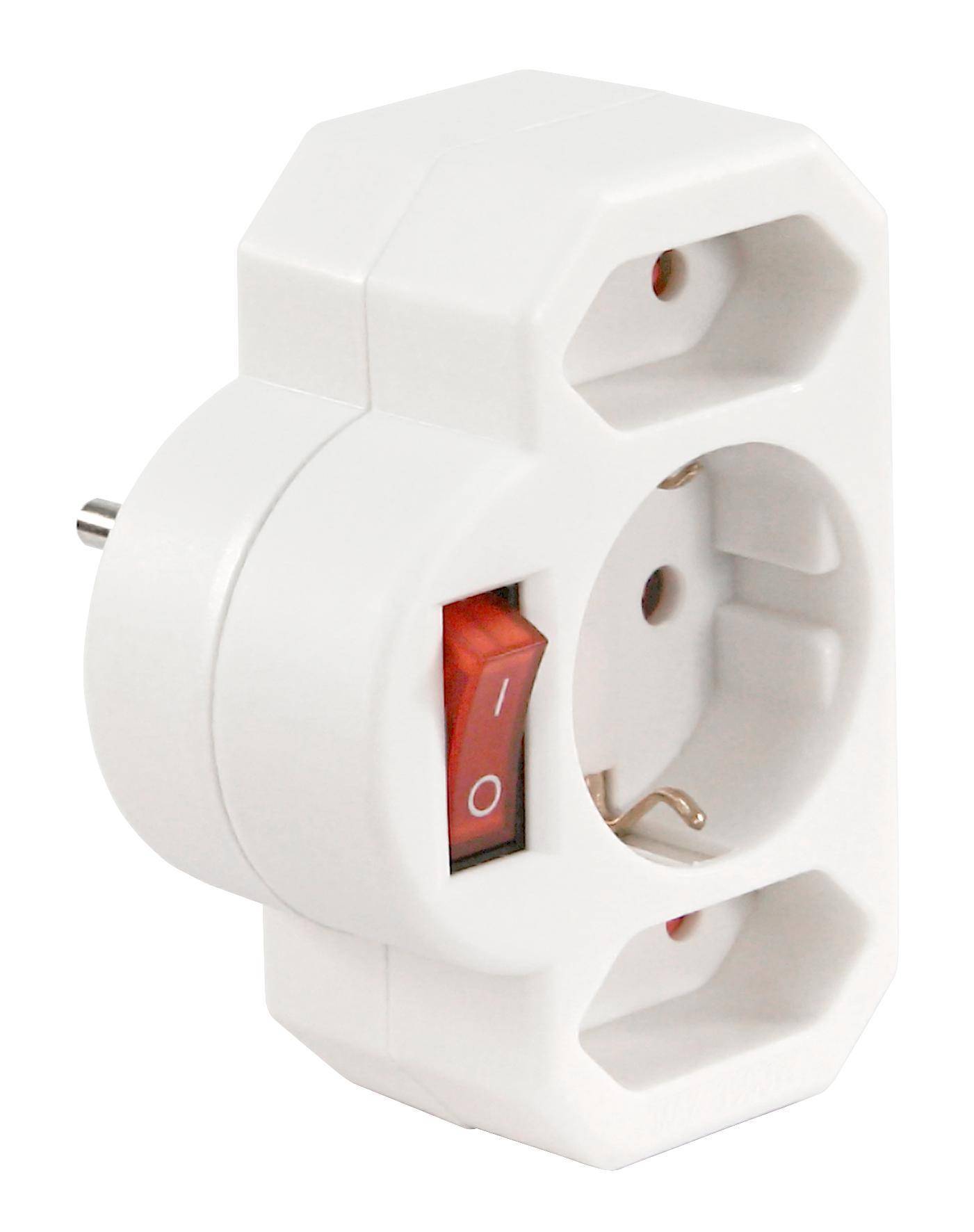 Steckdosenadapter, 2x Euro, 1x Schutzkontaktdose, mit Schalter, weiß