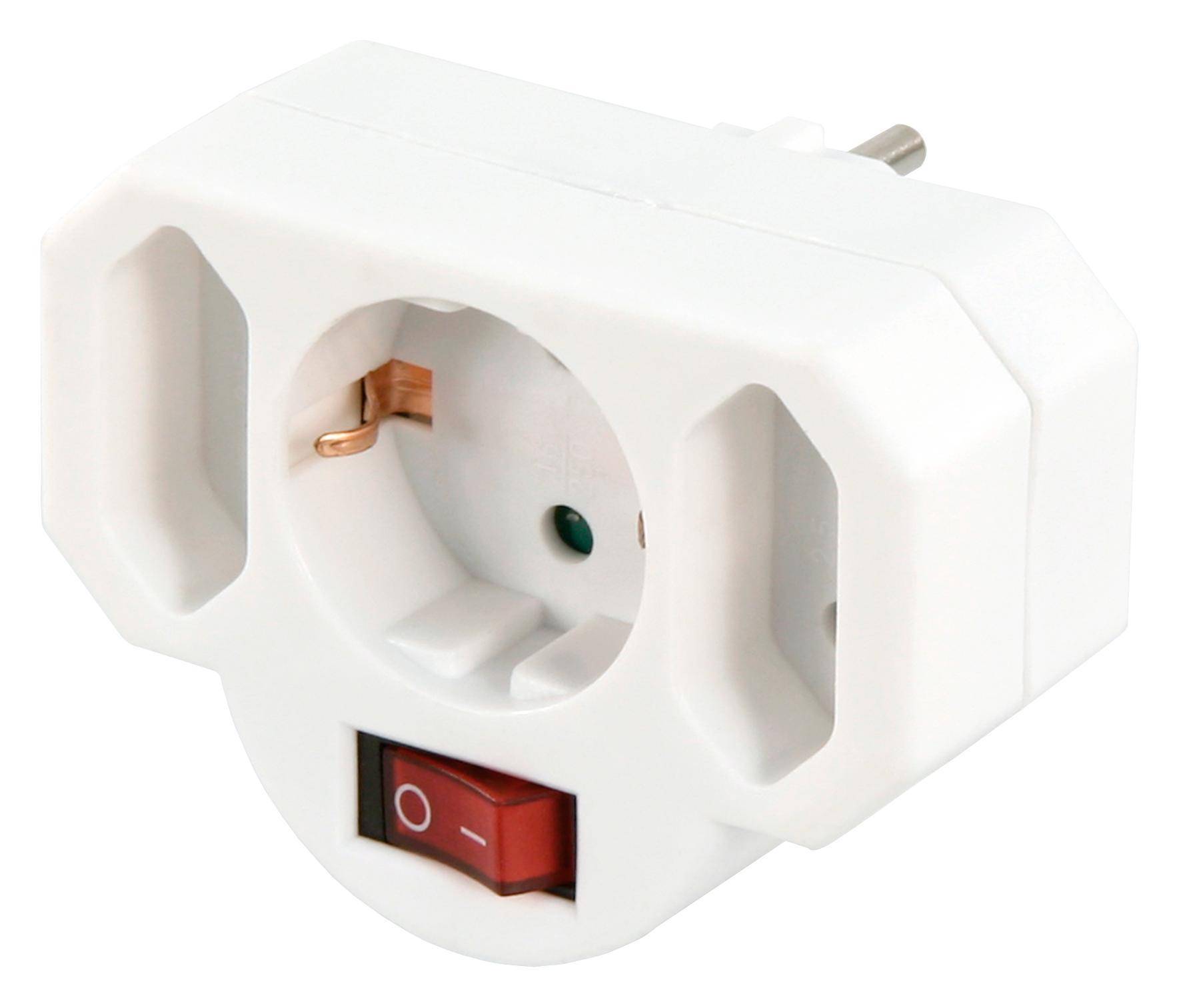 Steckdosenadapter, 2x Euro, 1x Schutzkontaktdose, mit Schalter, weiß