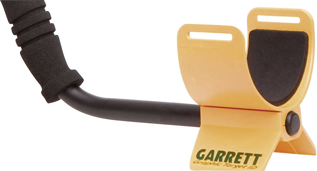 Metalldetektor, Armhalterung in Schwarz und Gelb, mit Aufschrift 'Garrett'; dient zur Unterstützung beim Halten des Geräts.