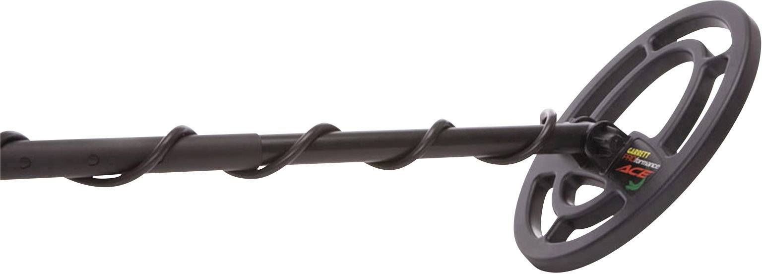 Metalldetektor mit runder Spule und geschwungenem Kabel, geeignet zum Auffinden von Metallobjekten im Boden.