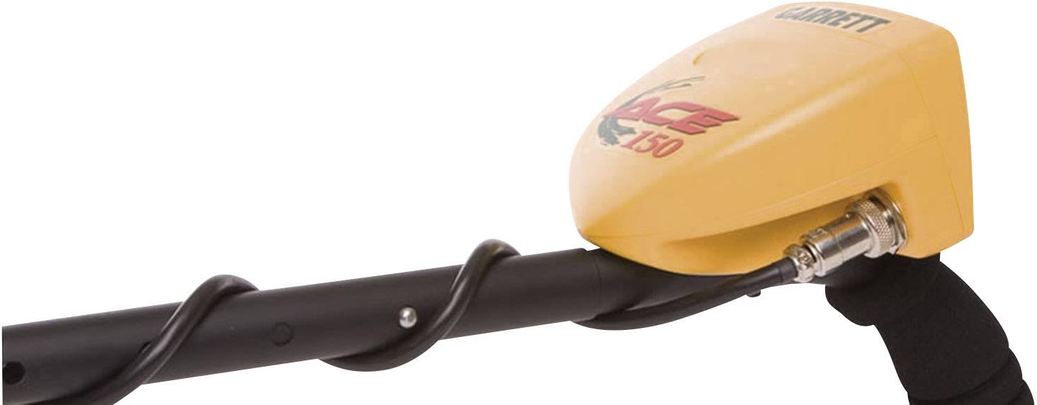 Gelber Metalldetektor mit der Aufschrift 'ACE 150', schwarzer Griff und Spiralkabel, zeigt Robustheit und Funktionalität.