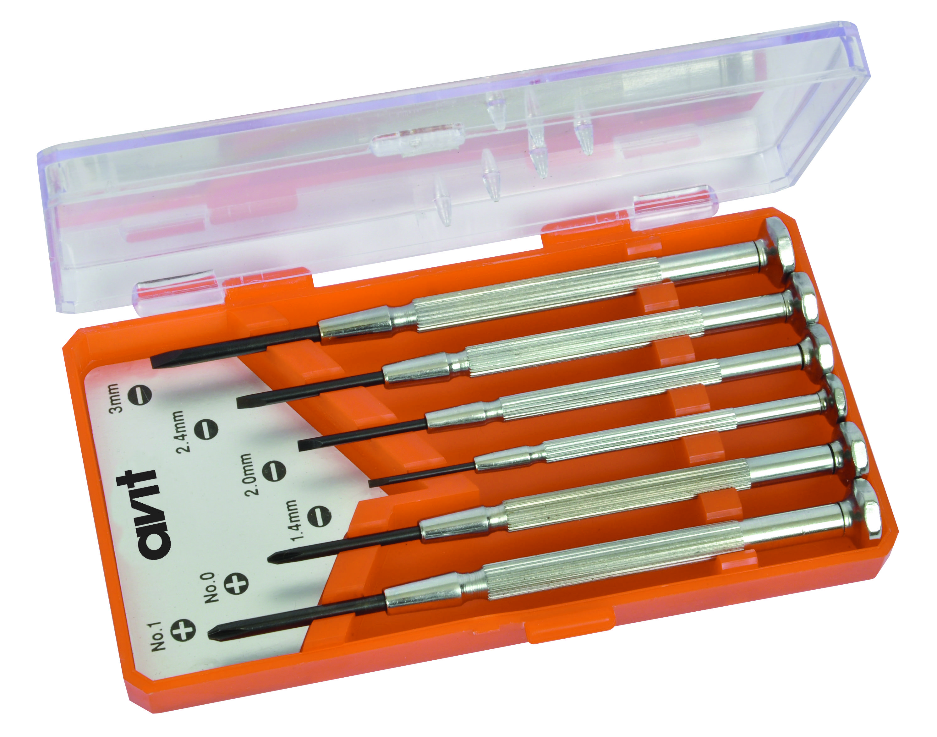 Ein Set von sechs Schraubendrehern in einer orangefarbenen Box, verschiedene Größen, geeignet für Präzisionsarbeiten.