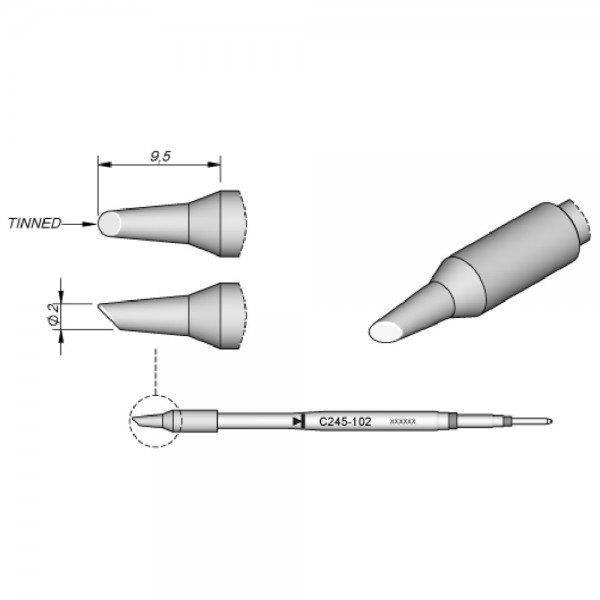 JBC Lötspitze Serie C245, Rundform, C245102/Ø 2,0 mm, abgeschrägt, verzinnt