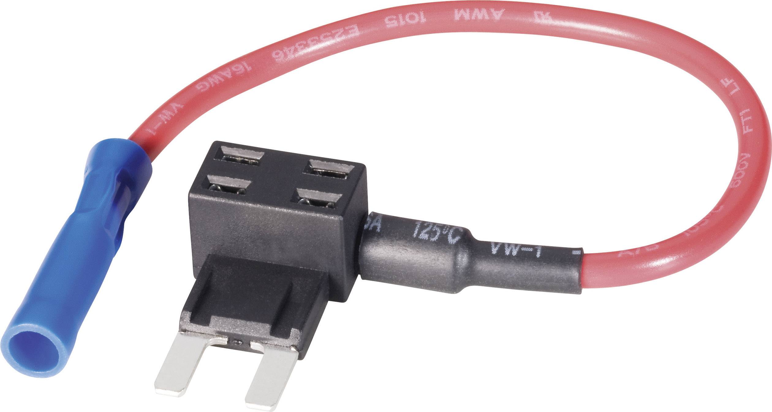 Roter Kabelstecker mit Sicherungshalter und blauer Buchse, verwendet zur Absicherung elektrischer Schaltungen in Fahrzeugen.