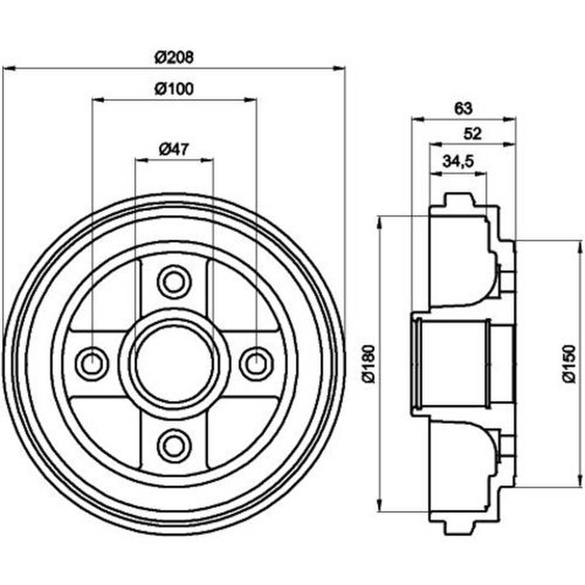 Bremstrommel Ø 208 mm Ø 12 mm HELLA passend für u.a. OPEL AGILA