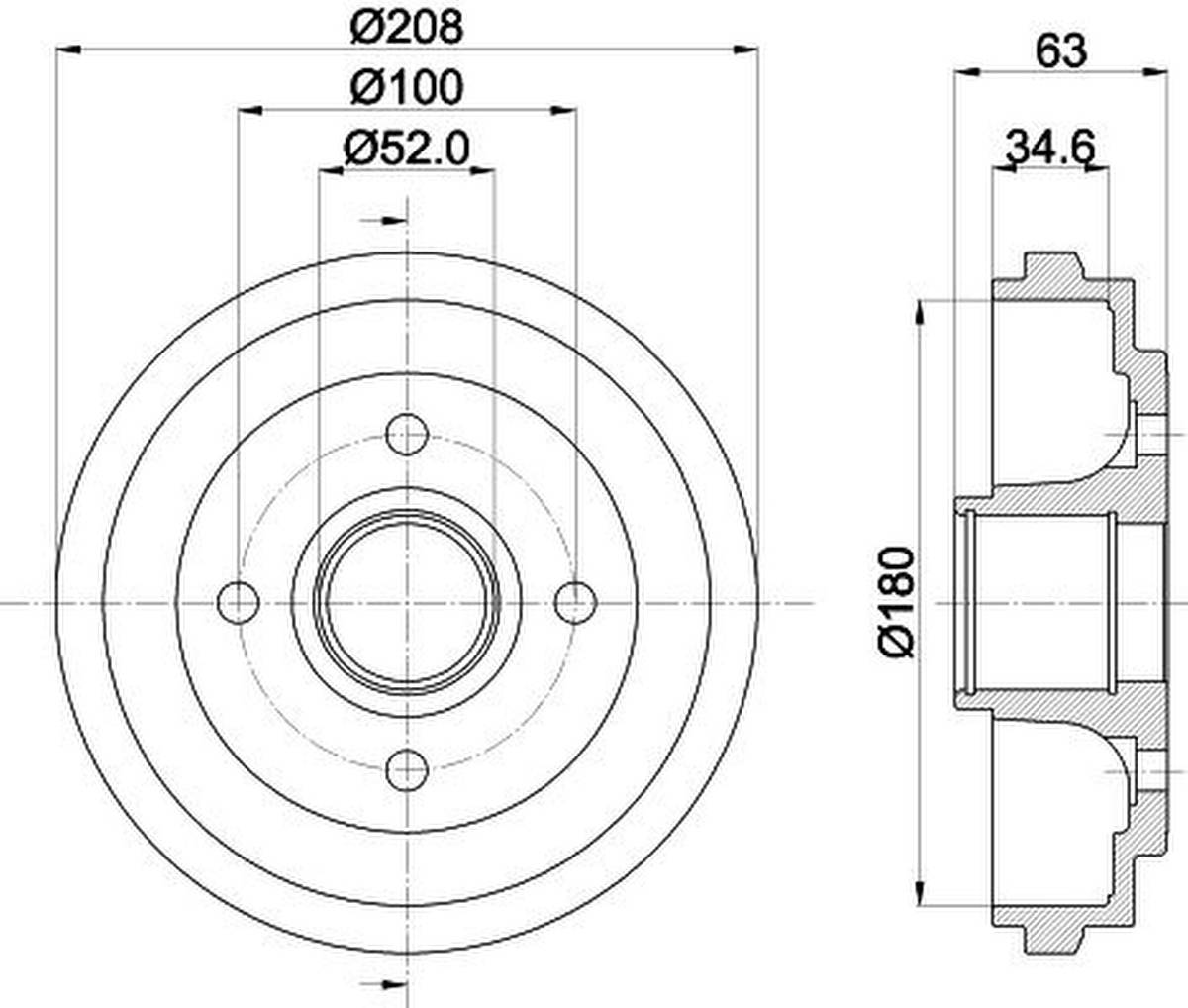 Bremstrommel Ø 208 mm Ø 12 mm HELLA passend für u.a. OPEL AGILA