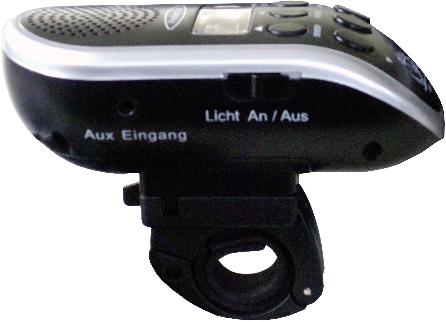 Tragbares Audiogerät mit Fernlichtfunktion, zeigt Bedienelemente für Licht An/Aus und Aux-Eingang.