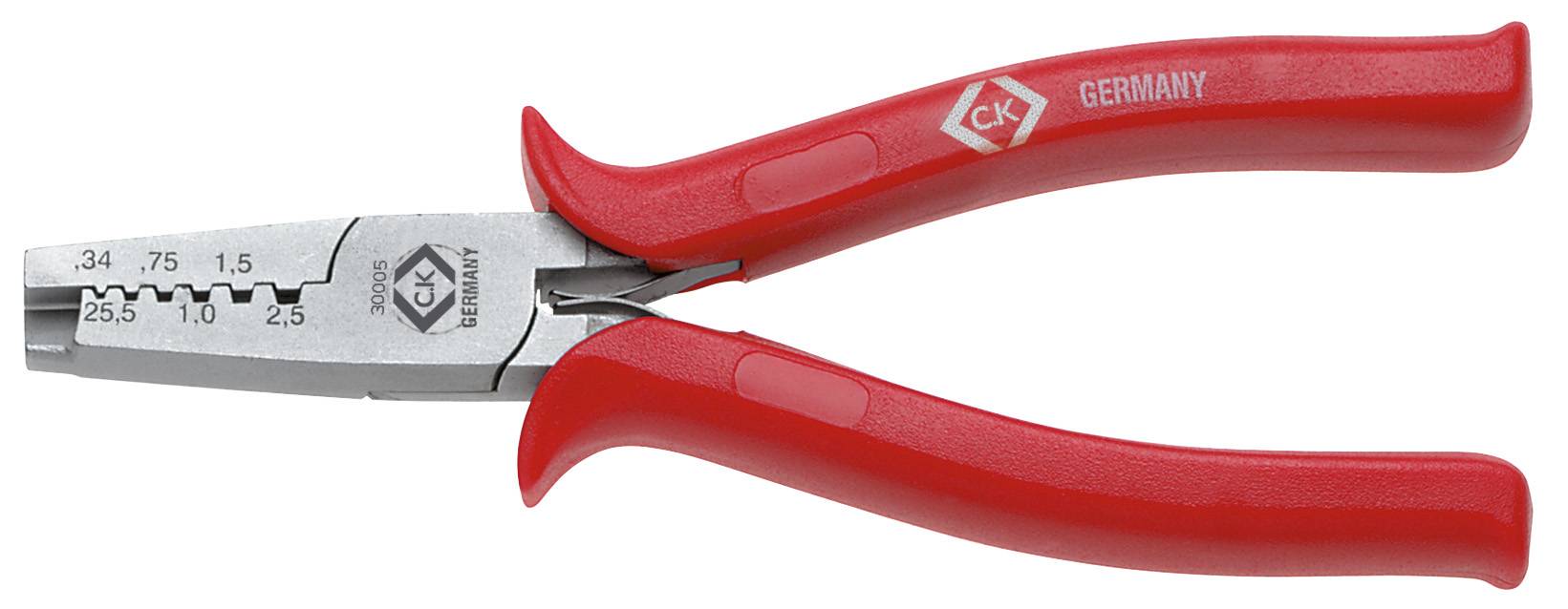 Rote Abisolierzange mit Metallkopf, verschiedene Maße zum Abisolieren von Kabeln sind eingeprägt, Aufschrift 'CK Germany'.