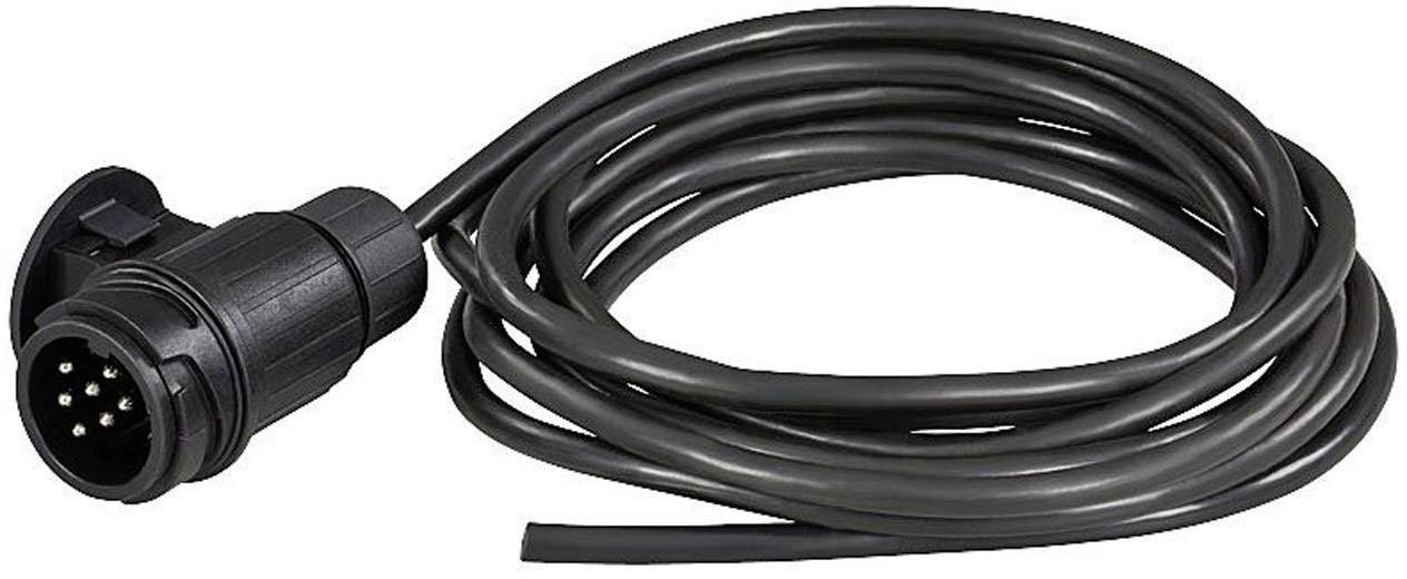 Schwarzes, langes Kabel mit einem 7-poligen Stecker, häufig für Anhänger-Verbindungen verwendet.