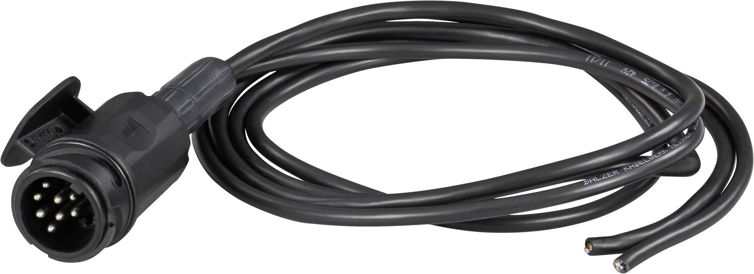 Ein schwarzer siebenpoliger Anhängerstecker mit Kabel, verwendet zur Verbindung von Fahrzeugen mit Anhängern für elektrische Signale.