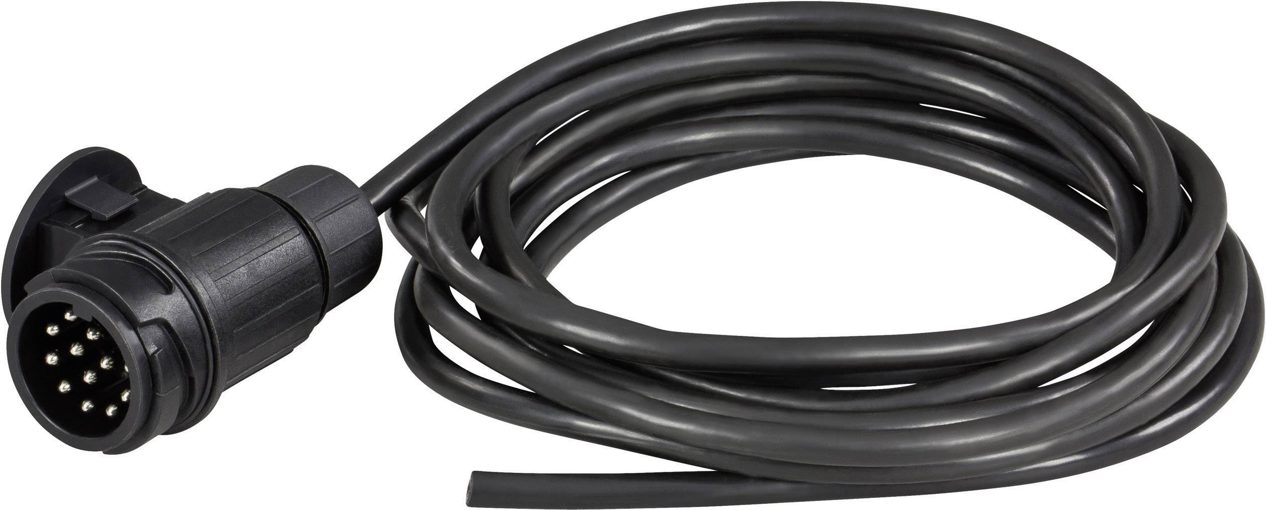 Schwarzes elektrisches Kabel mit einem runden, mehrpoligen Stecker. Ideal für Automobil- oder Anhängerverbindungen.