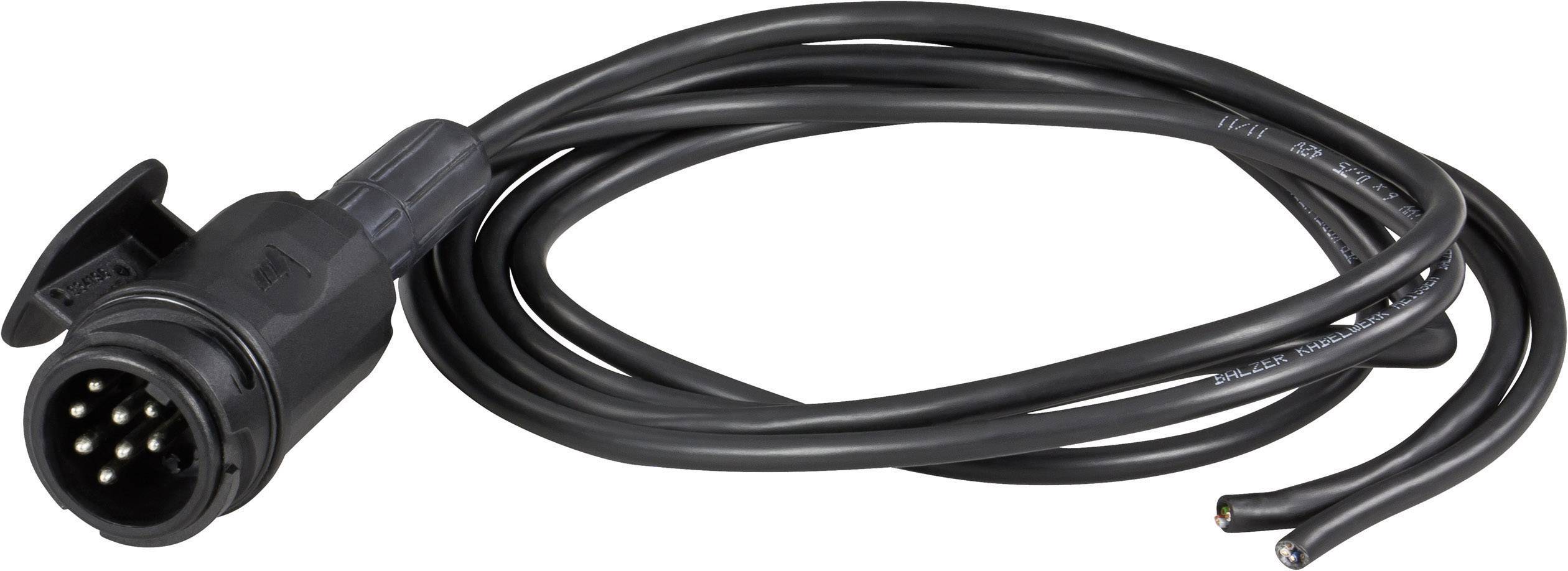 Schwarzes elektrisches Kabel mit einem 7-poligen Stecker und offenen Enden, geeignet für Anhängerbeleuchtung oder ähnliche Anwendungen.