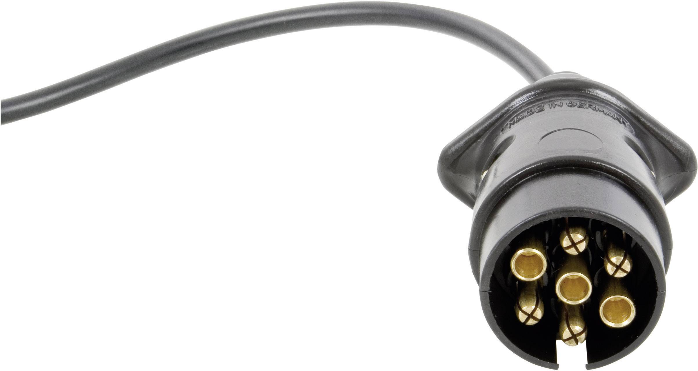 Ein schwarzer Stecker mit sieben goldfarbenen Pins und einem Kabel. Der Stecker ist für den Anschluss an einen spezifischen Port ausgelegt.