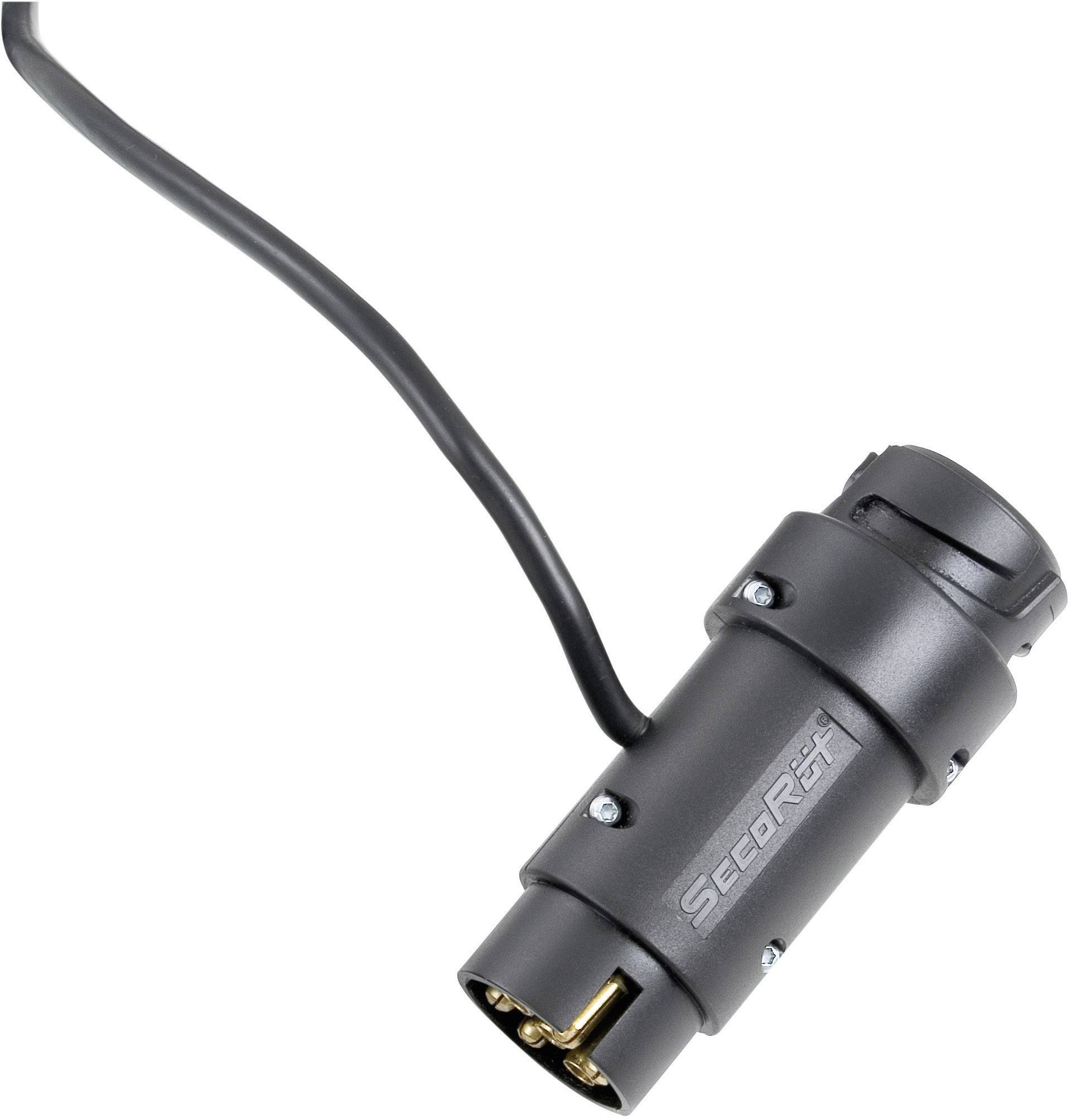 Ein schwarzer elektrischer Stecker mit Kabel, mehrpolig. Geeignet für technische Geräte. Seitenansicht auf weißem Hintergrund.