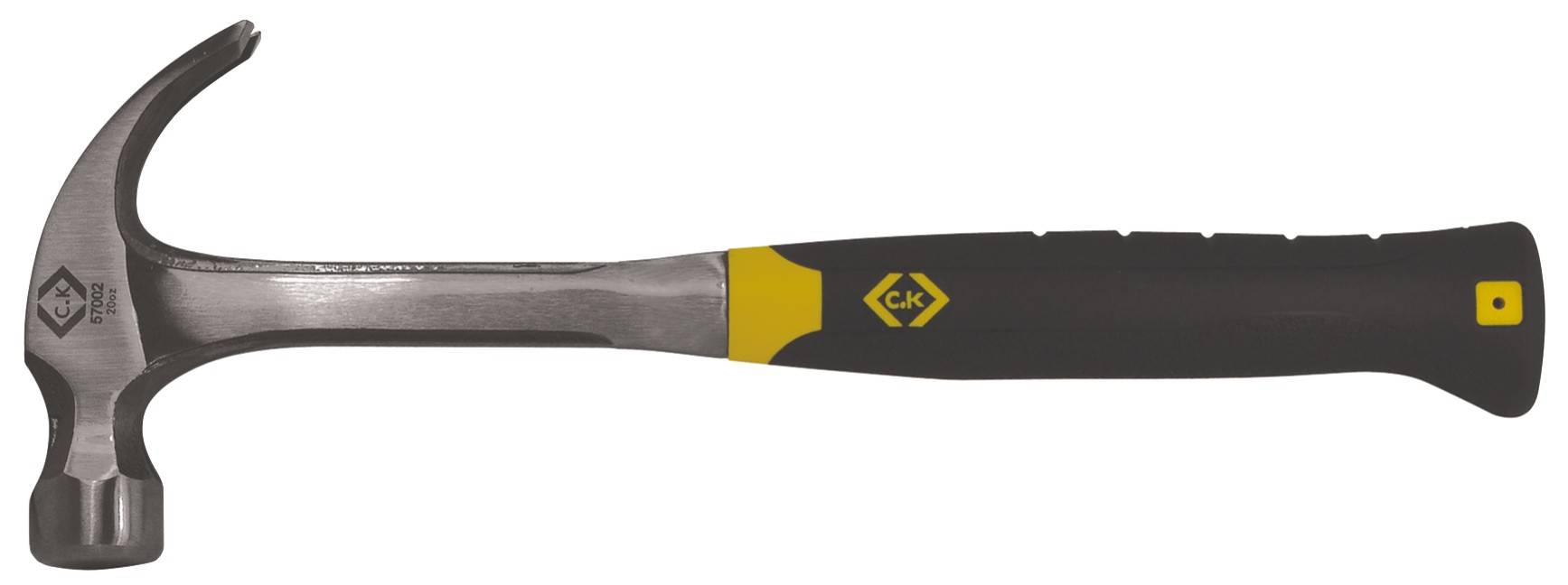 Ein Claw-Hammer mit schwarzem Griff und gelben Akzenten. Der Hammer hat eine Metallkralle zum Herausziehen von Nägeln.