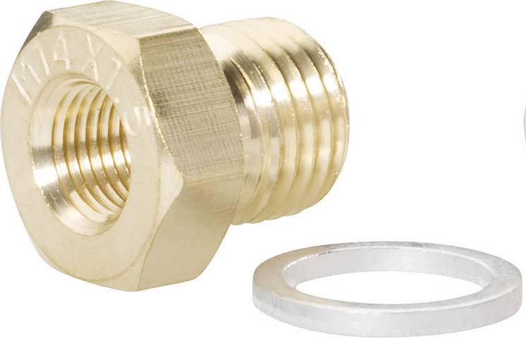 Ein Messing-Adapter mit Außengewinde und Innengewinde, daneben eine flache Metall-Unterlegscheibe. Geeignet für Rohrverbindungen.