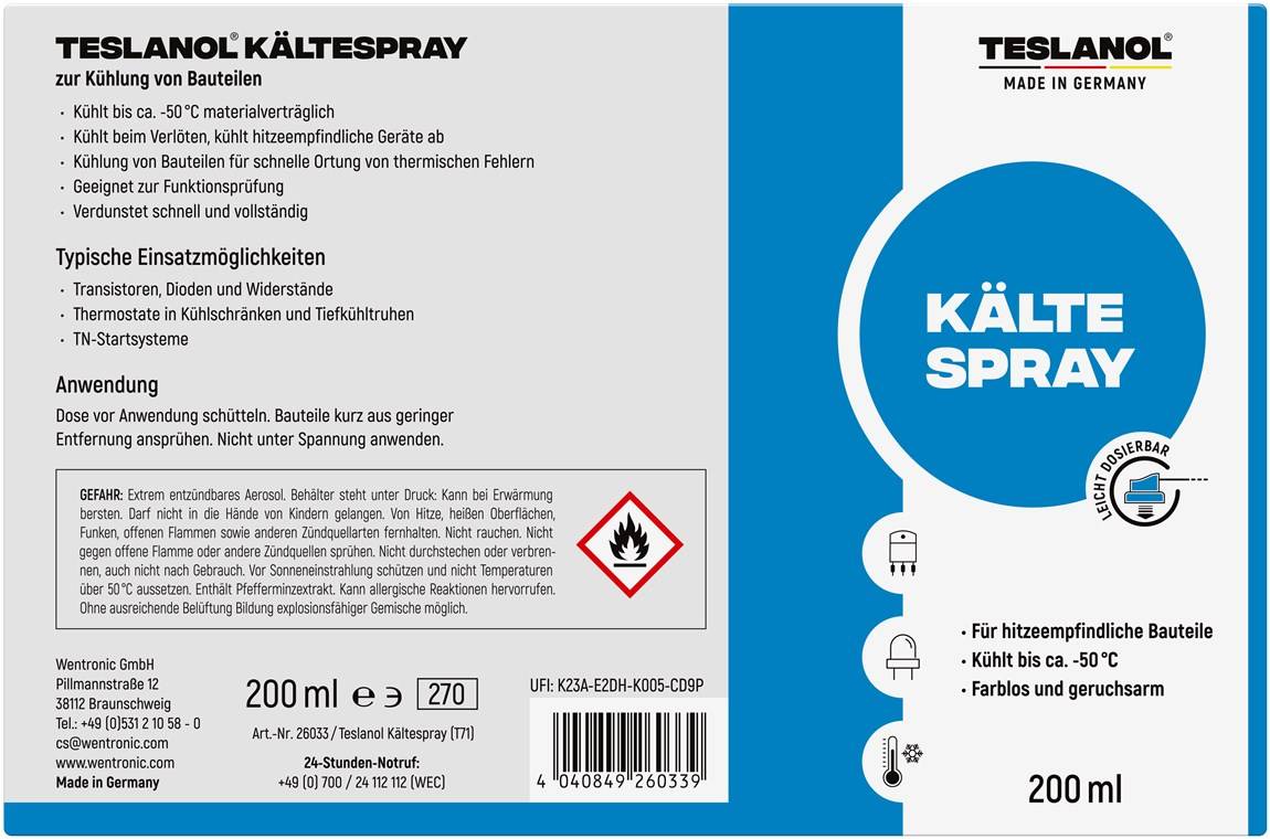 Teslanol 26033 Kältespray zur Kühlung von hitzeempfindlichen Bauteilen Kälteschockspray Kühlspray Spraydose 200 ml