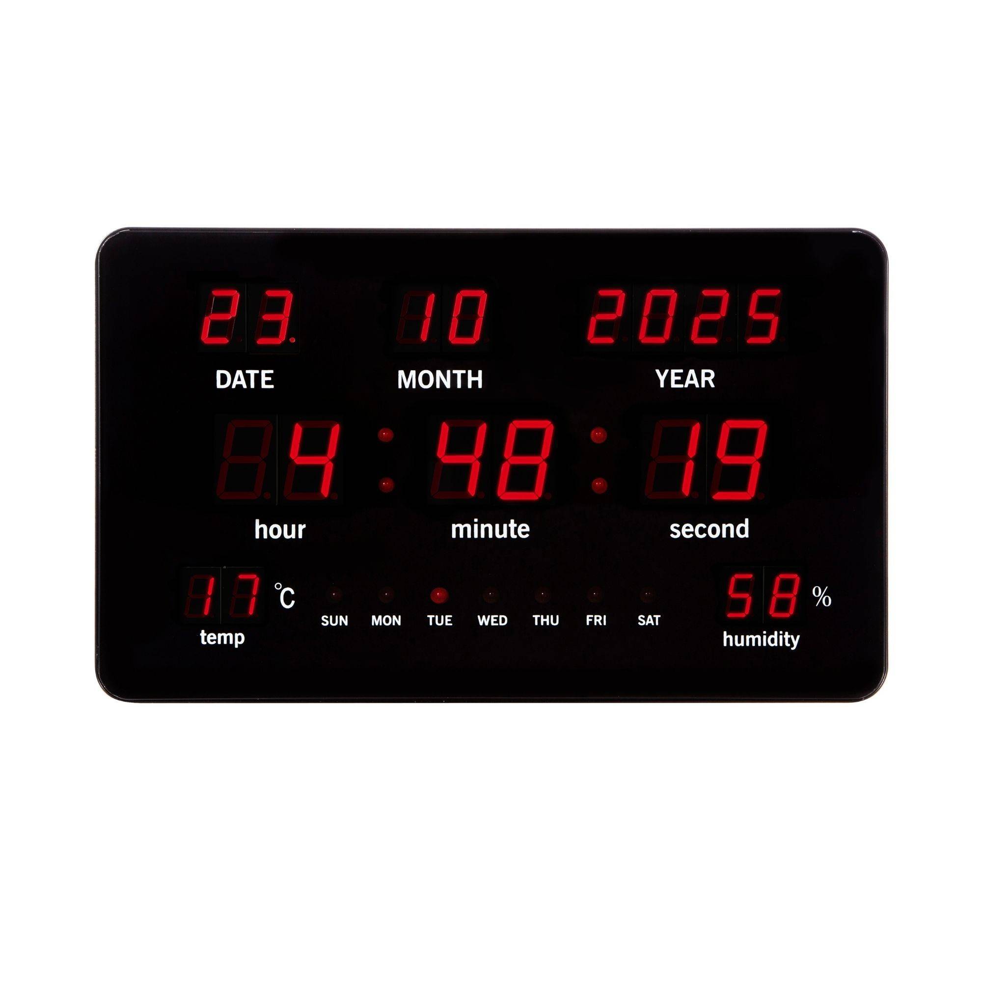 Perel Wanduhr mit LED-Display, digital, Thermometer, Hygrometer, Schwarz, Rot