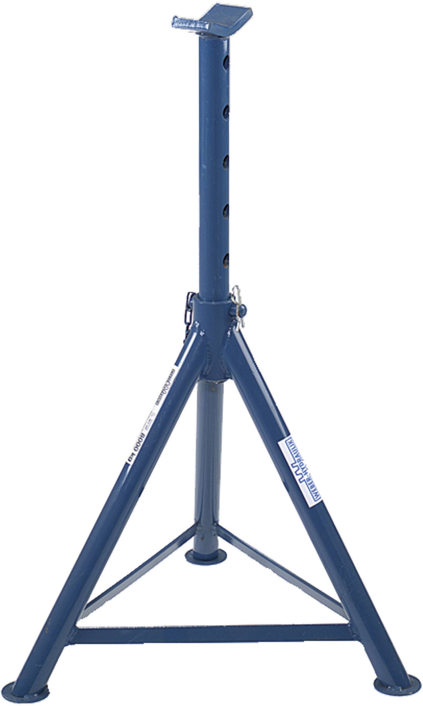 Ein blauer dreibeiniger Stützbock mit verstellbarer Höhe und Sicherungssplint, verwendet zur Stabilisierung von Fahrzeugen beim Anheben.