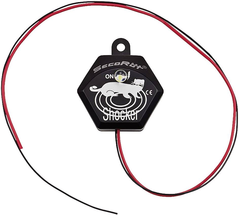 Ein sechseckiges Gerät mit der Aufschrift 'SecoRüt Shocker'. Es hat rote und schwarze Kabel und ist vermutlich für die Abwehr von Tieren gedacht.