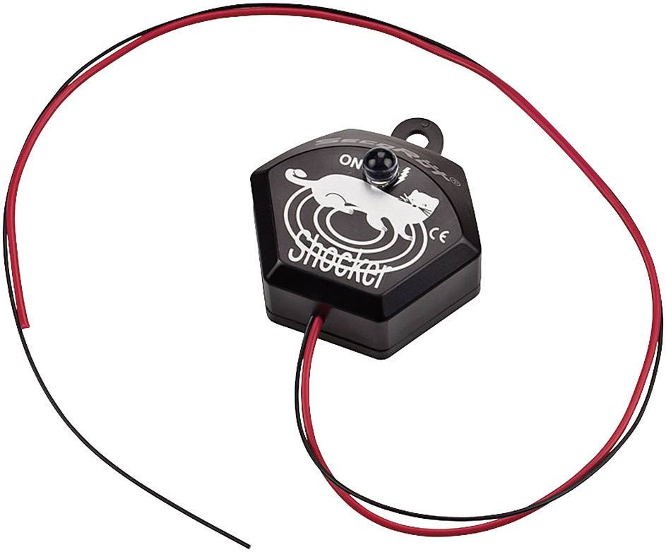 Ein elektrisches Gerät mit schwarzen und roten Kabeln, das Schockabschreckung anzeigt. Es hat einen Ein/Aus-Schalter.